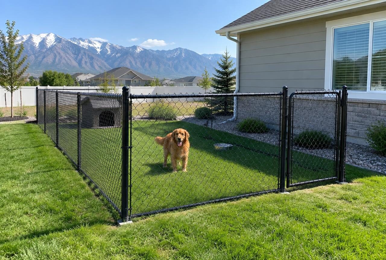 Black chain link fence around a backyard dog run — fencing in Mapleton, Utah