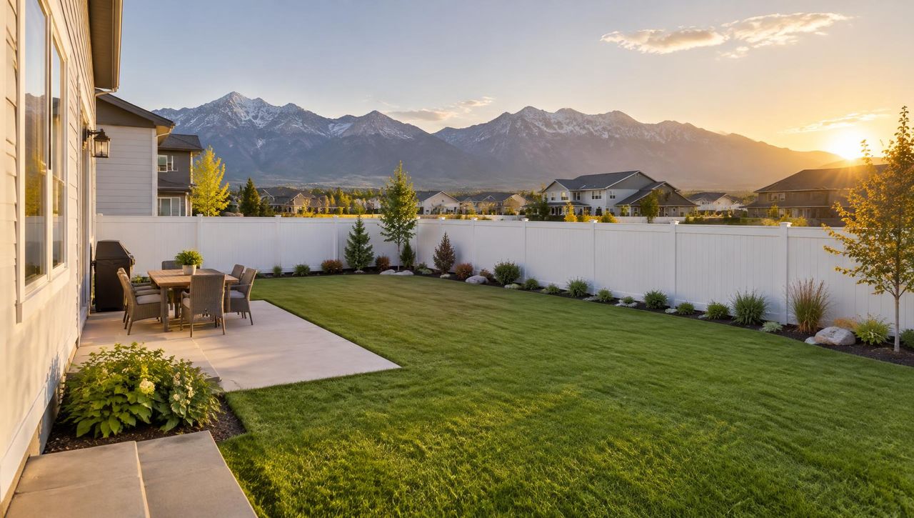 New white vinyl privacy fence around a new-build Utah backyard with the Wasatch Mountains behind