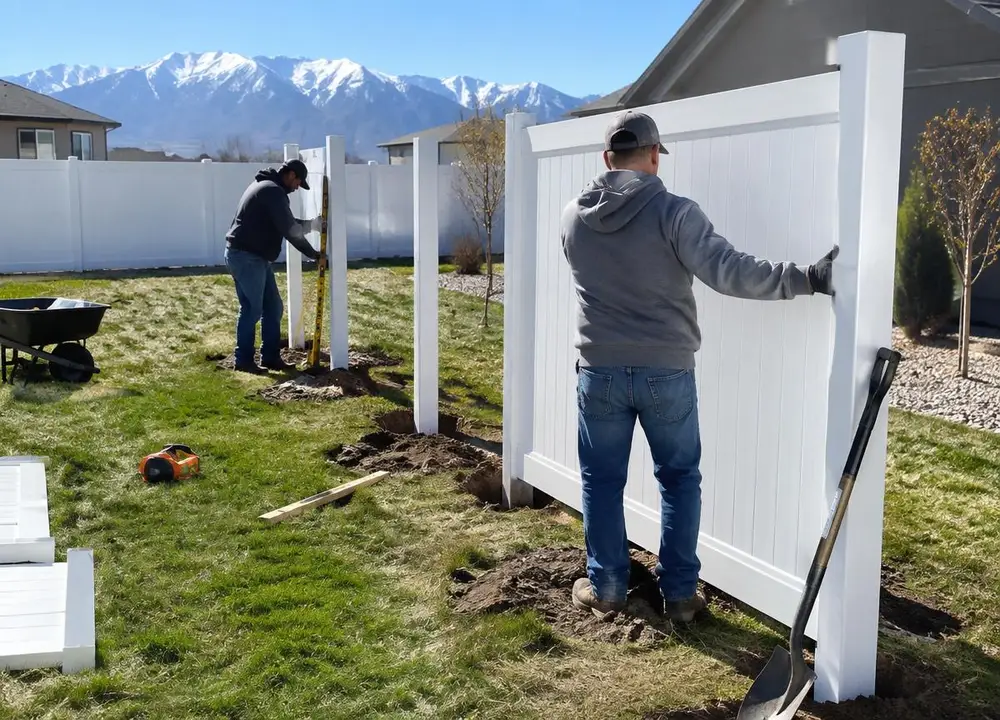 DFNDR Fencing crew installing white vinyl privacy fence panels in a new-build Utah backyard