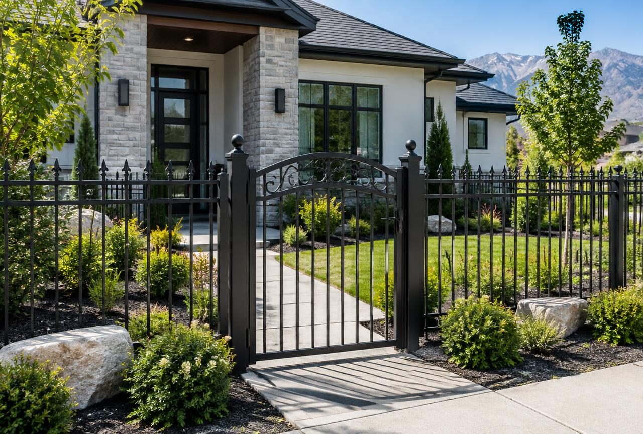 Black ornamental iron fence and gate in front of a home — fencing in Roy, Utah