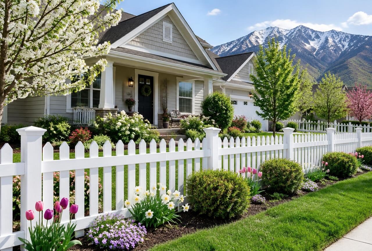 White vinyl picket fence in front of a home — fencing in Alpine, Utah