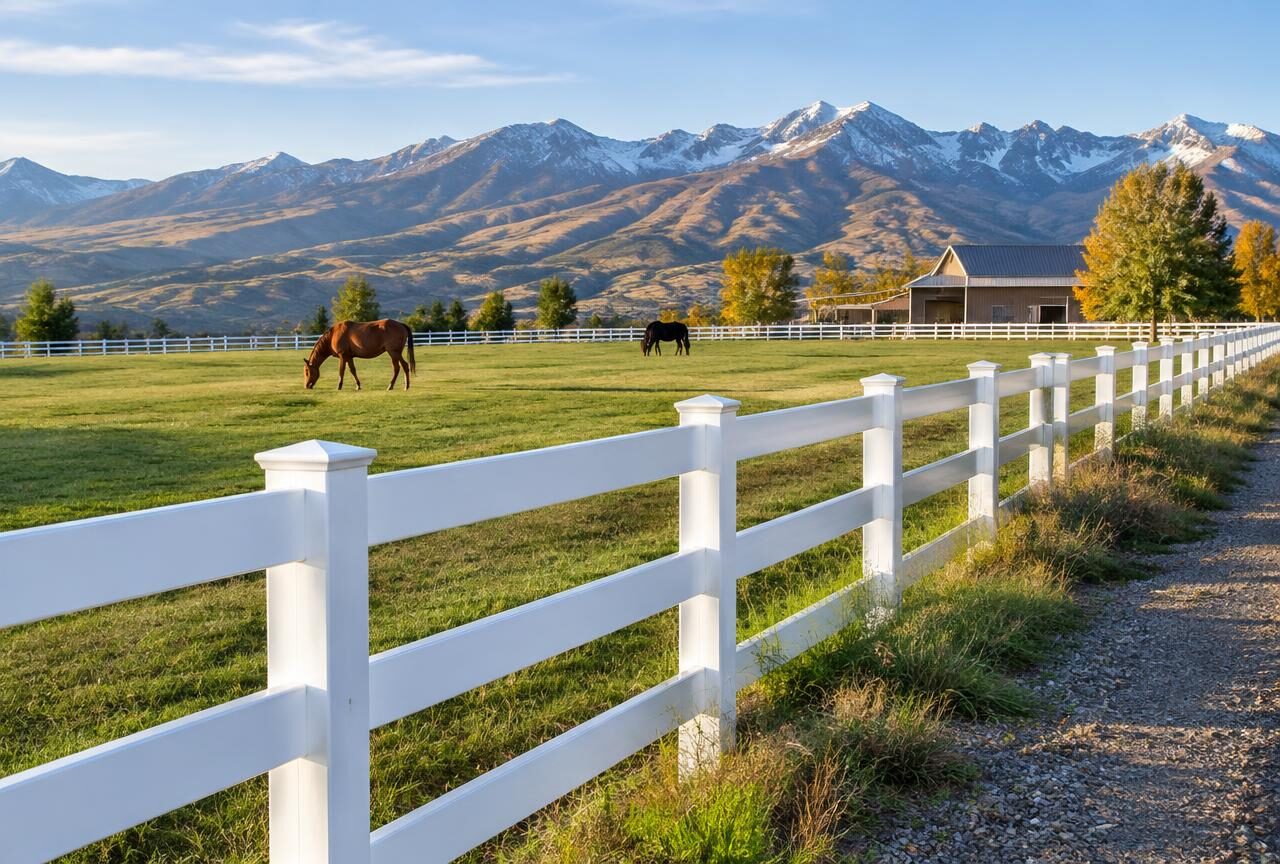 White vinyl ranch rail fence on a horse property near Payson, Utah