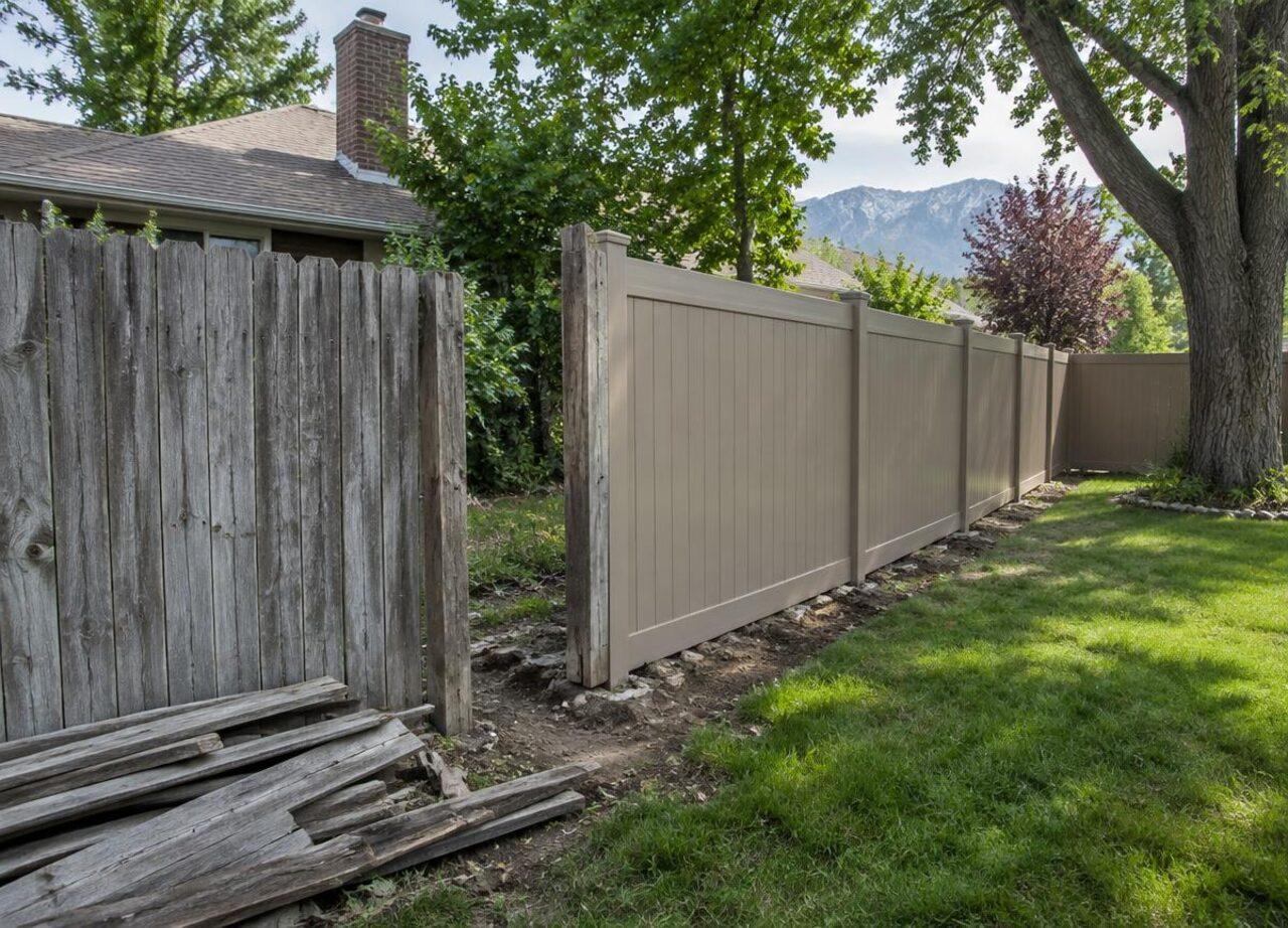 Old wood fence being replaced with a tan vinyl privacy fence near Roy, Utah