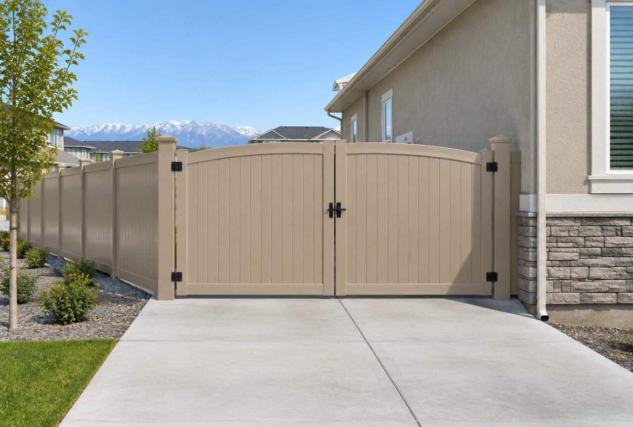 Tan vinyl privacy fence with a double RV gate near Mapleton, Utah