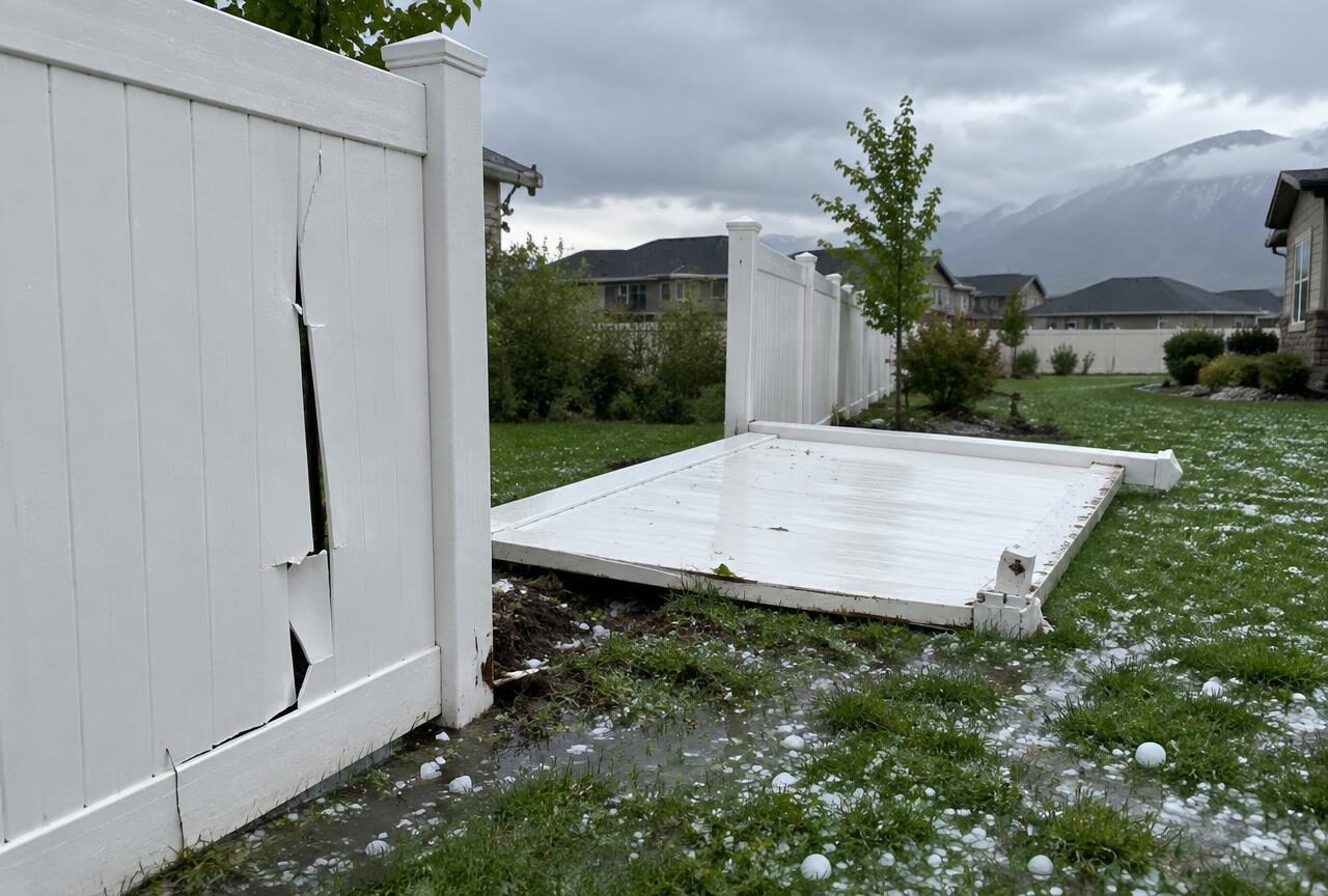 Vinyl fence damaged by hail and wind in Clinton, Utah